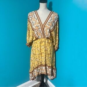 NWT Umgee S Yellow Orange Floral Print V-Neck Midi Dress